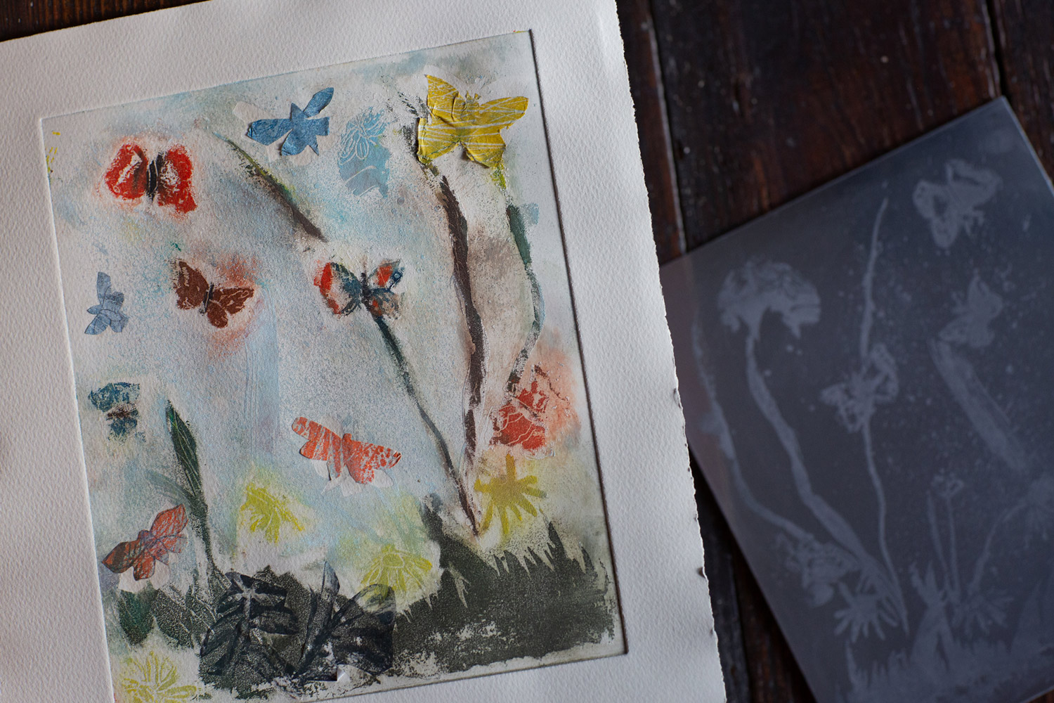 Multicolour print created from an aluminium plate, with layered colours applied by hand using a muslin cloth