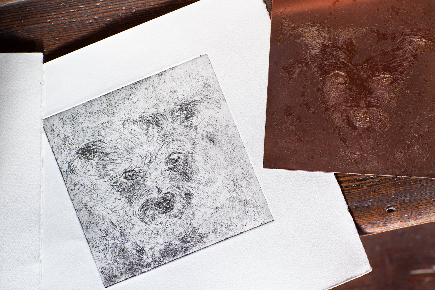 Etched copper plate with visible etched marks, printed in black ink onto fine art paper, shown as part of an in-process printmaking workflow.
